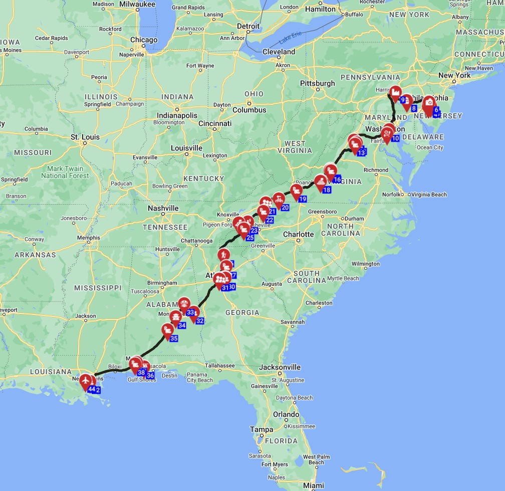 USA RV trip  from Philadelphia to New Orleans motorhome trip planner